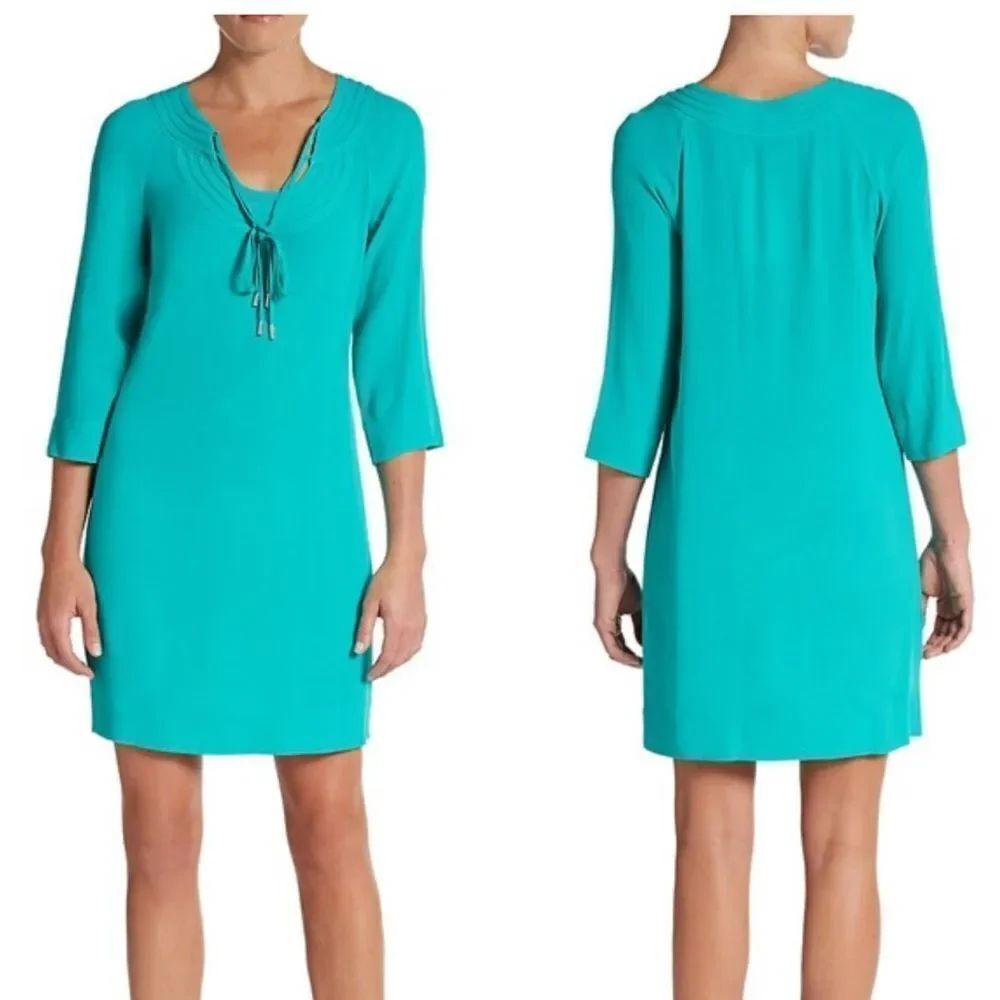 Diane von Furstenberg Turquoise Parlian Shift Dress 3/4 Sleeves Above Knee US 6